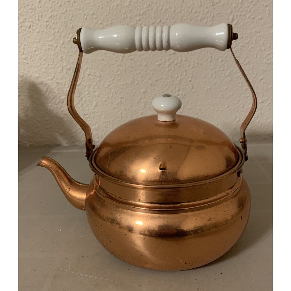 Vintage Solid Copper Teapot Country Cottage White Porcelain Handle
